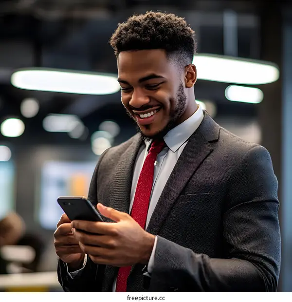 Smiling African American Businessman Using Smartphone