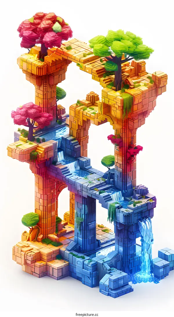 Colorful Waterfalls Flowing Through an Abstract Building