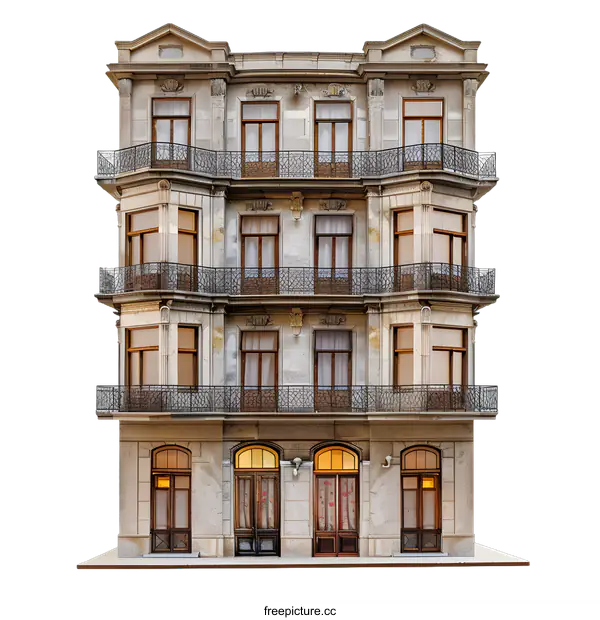 [Transparent Background PNG]Old European Style Building with Balconies and Windows