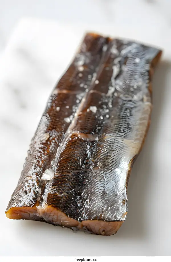 smoked eel fillet on white marble