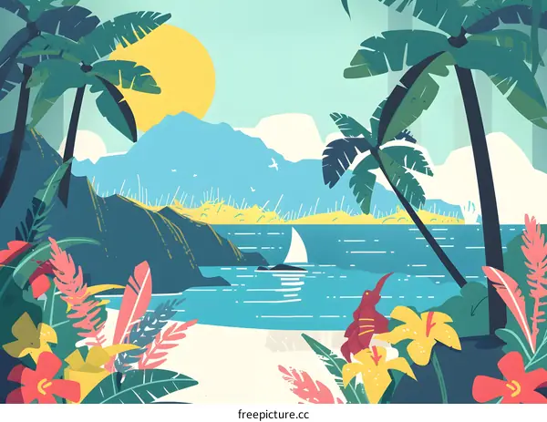 Tropical Island Landscape with Palm Trees and Flowers