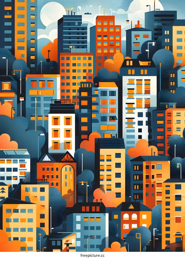 Colorful Cityscape Illustration with Geometric Buildings