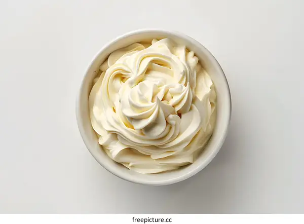 Bowl of Whipped Cream on White Background