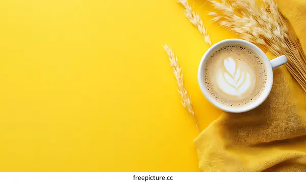 Yellow Background with Coffee Latte and Wheat