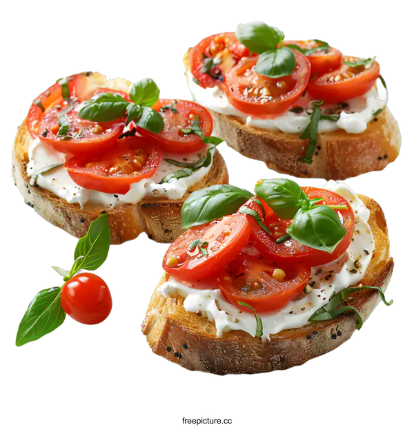 [Transparent Background PNG]Three slices of bread with cream cheese, tomatoes and basil