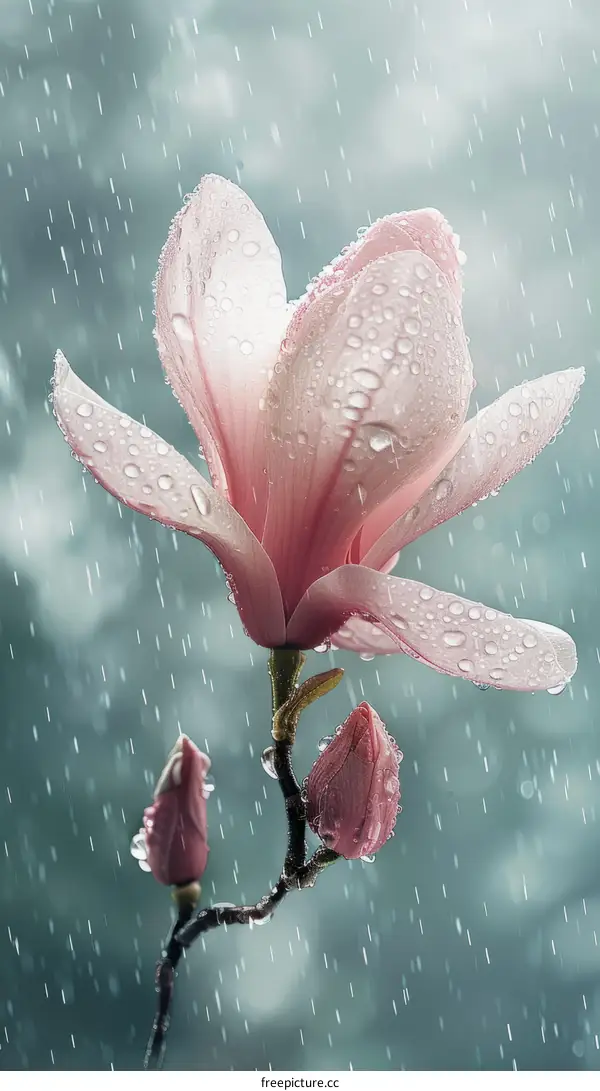 Raindrops on a pink magnolia flower