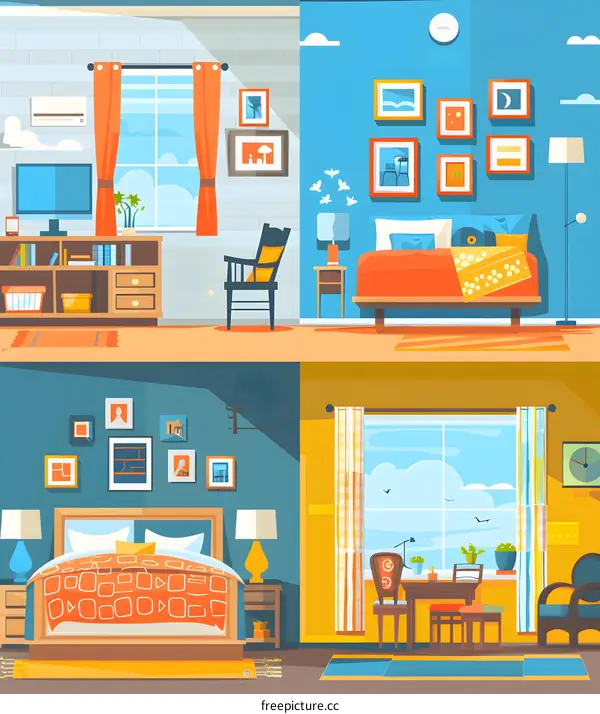 Modern Interior Design Illustration with Four Different Rooms