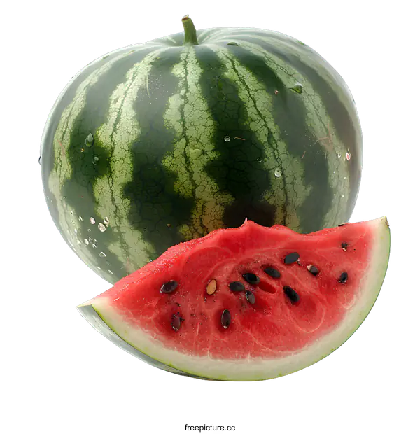 [Transparent Background PNG]A large green watermelon with a red slice on the side