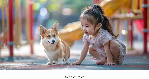 A little girl is playing with a corgi dog on the playground.