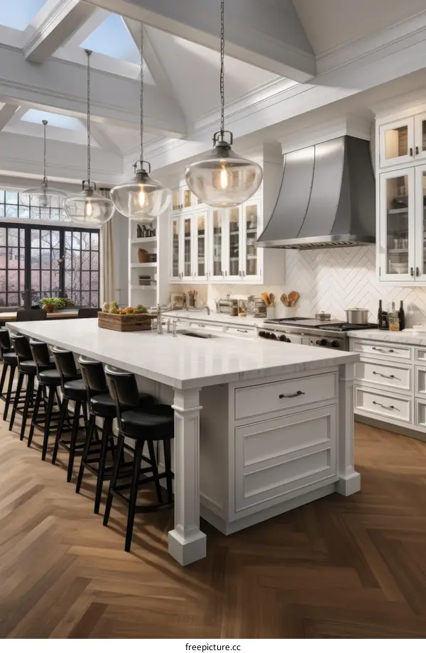 Modern kitchen design with large island and stainless steel appliances