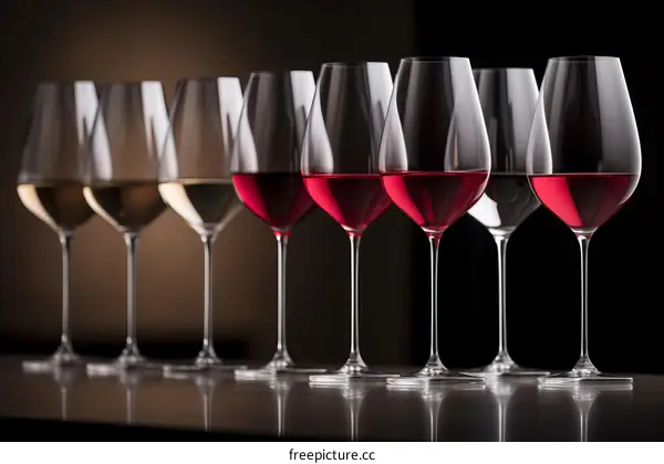 A variety of red and white wine glasses are arranged in a row on a dark background.