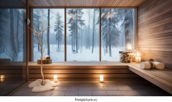 Tranquil Sauna with Snowy Forest View
