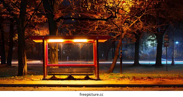 Empty Bus Stop in Autumn Night