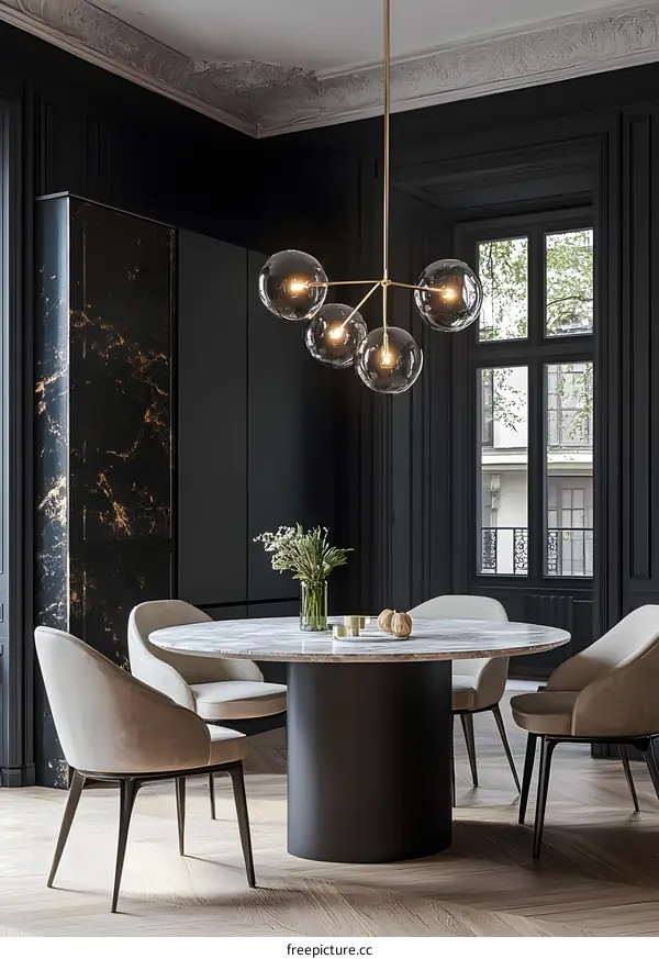 Modern Dining Room Interior Design with Black Walls and a Marble Table