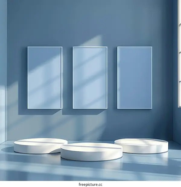 Minimalist White Podiums with Frames on Blue Wall