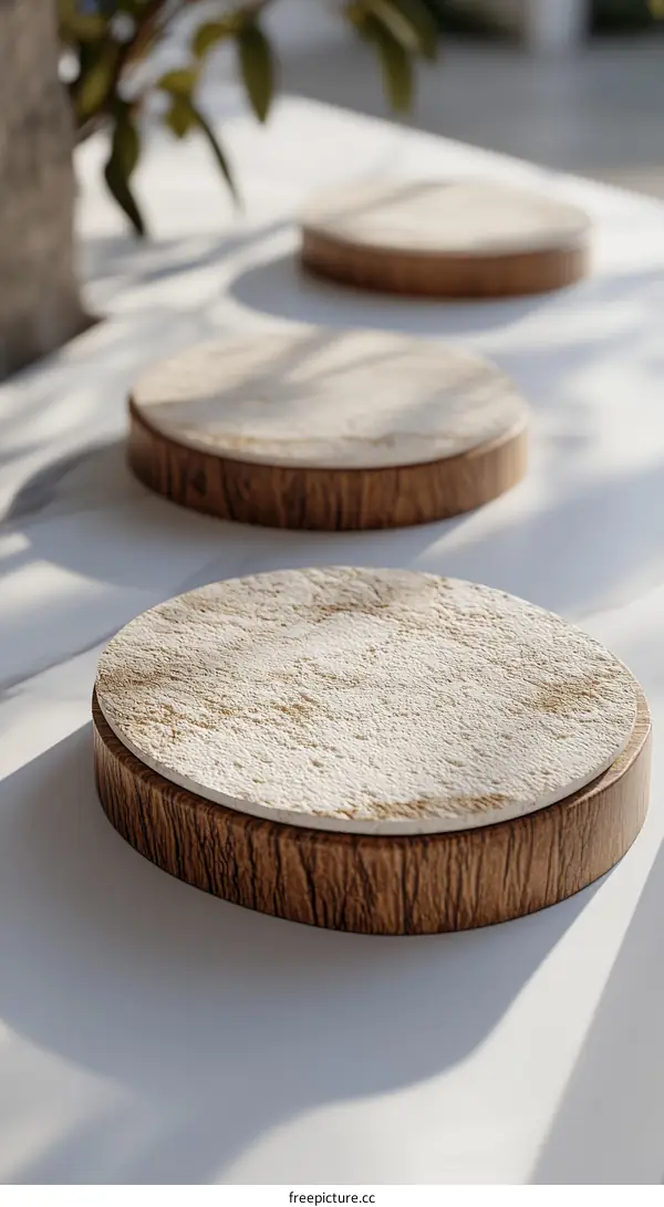 Round Wooden Display Stands with Stone Tops