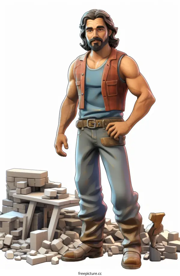 Male construction worker with beard and blue vest standing near pile of bricks