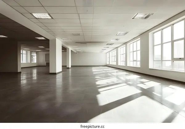 Empty Office Space with Large Windows and Sunbeams