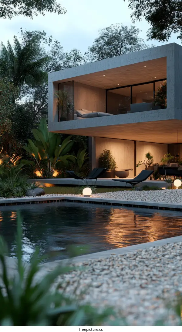 Modern Concrete House with Outdoor Pool and Garden