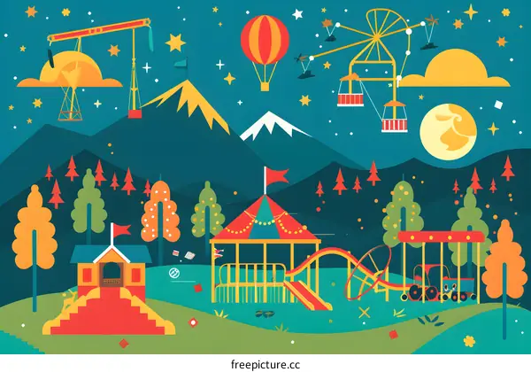 Nighttime Playground with Amusement Park Rides