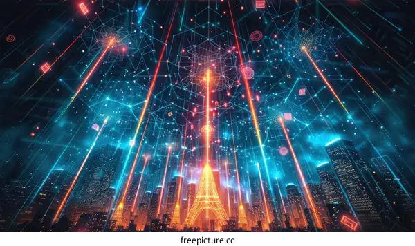 futuristic city illustration with eiffel tower