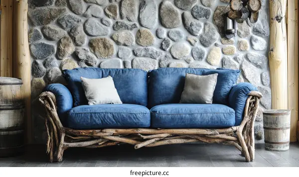Rustic Blue Denim Sofa Against Stone Wall