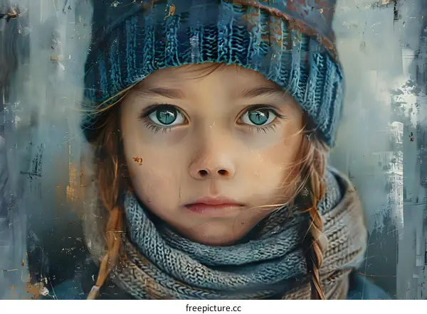 Portrait of a young girl with blue eyes wearing a blue hat and scarf