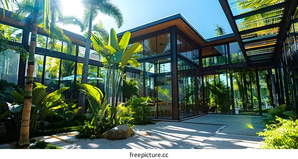 Courtyard of a Modern Tropical Villa with Glass Walls and Lush Greenery