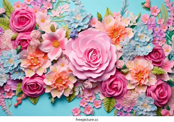 Pink roses and other flowers on a blue background