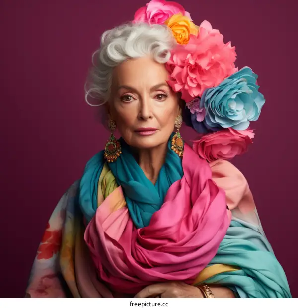 Elegant gray-haired woman with bright flower headpiece