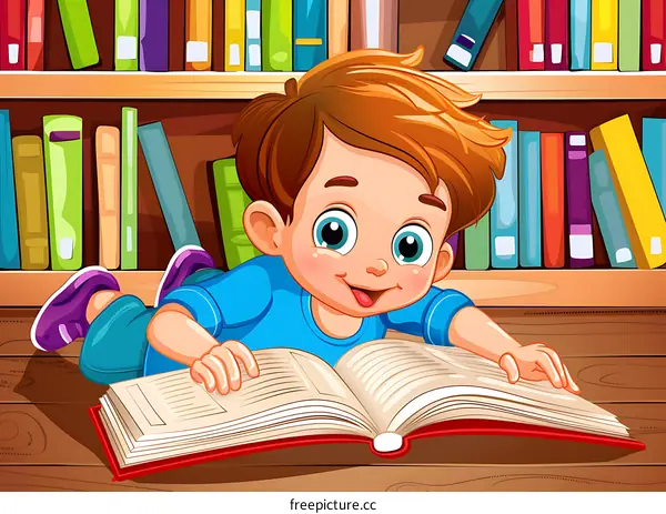 Smiling Boy Reading Book in Library