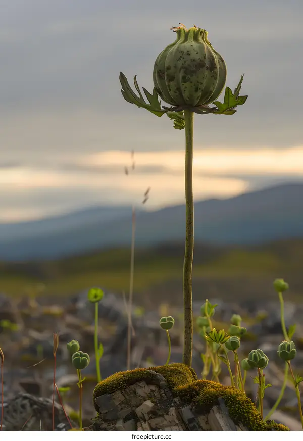 Closeup of a Single Poppy Seed Pod in a Mountainous Landscape