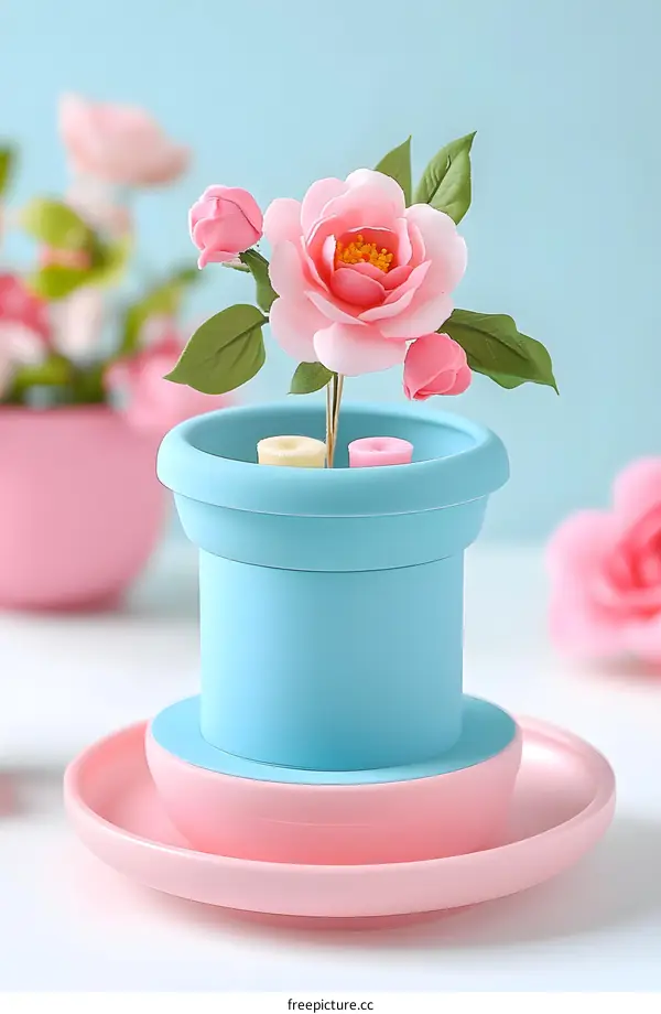 Pink Artificial Flower in a Blue Pot