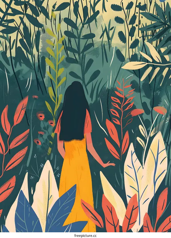 Woman Walking Through Lush Jungle Landscape