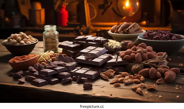A variety of chocolate bars and other sweets on a wooden table
