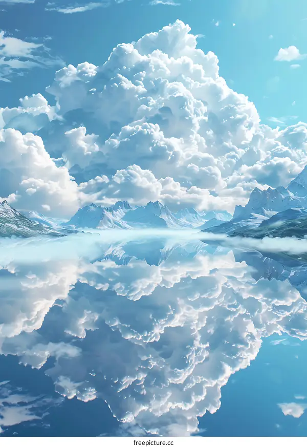 壮观的云海倒映在湖泊中，湖泊周围是连绵的雪山