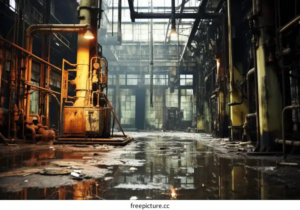 Rundown factory interior with large vats and pipes