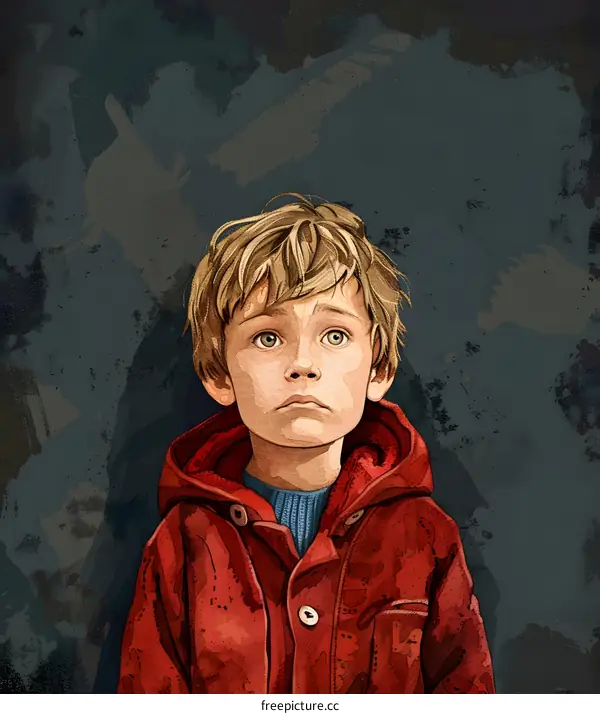 Portrait of a Young Boy Wearing Red Jacket Looking Up