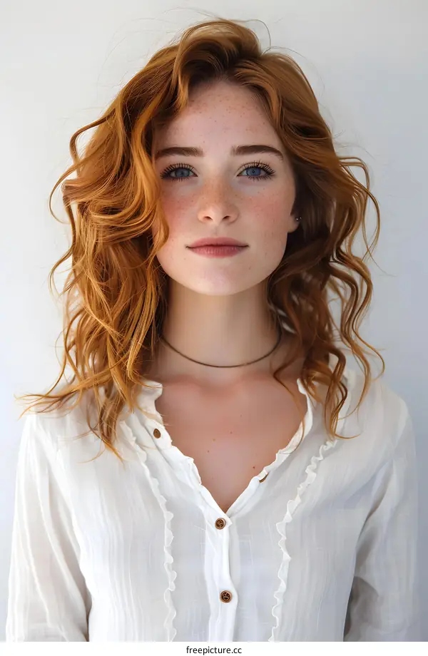 A beautiful young woman with freckles and red curly hair