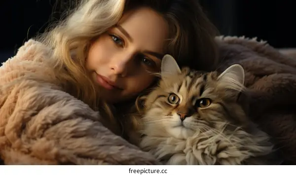 Beautiful Blonde Woman with Blue Eyes Posing with Fluffy Brown Cat