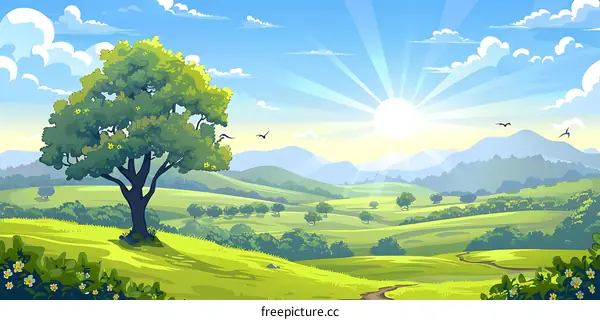 Green Landscape with Sun and Clouds