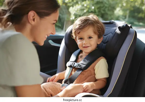 Mother Adjusting Car Seat for Baby