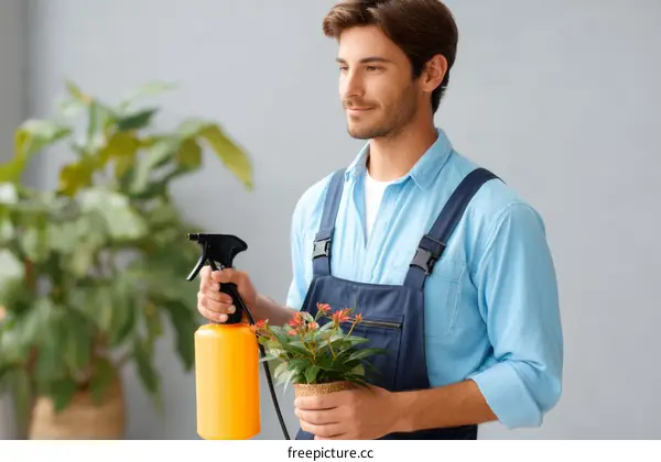 Gardener Watering Plants in Home