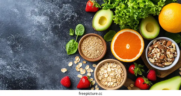 Healthy Breakfast Food Ingredients with Oatmeal, Berries, Nuts, Avocado and Orange on a Black Marble Background