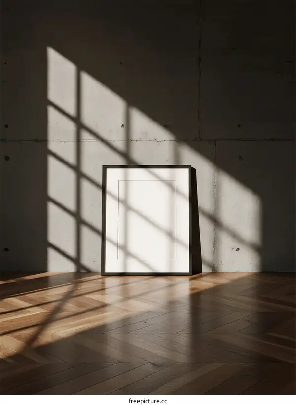 Empty room with sunlight casting geometric shadows on concrete wall