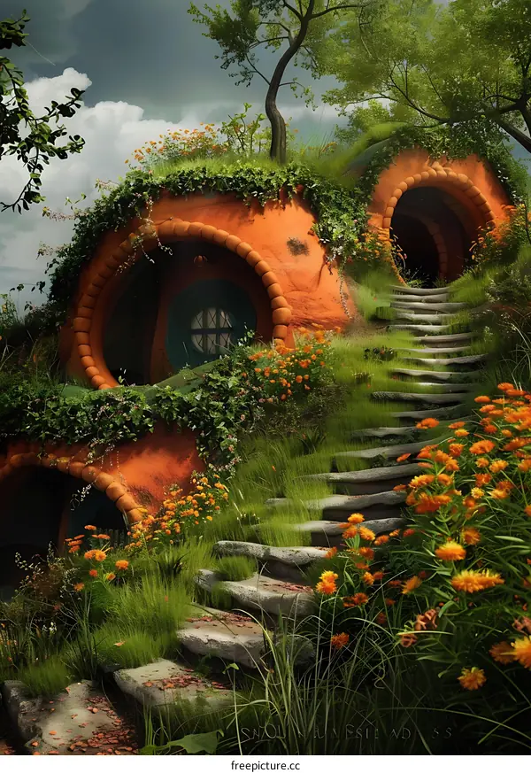 Fantasy Hobbit House With Stone Steps