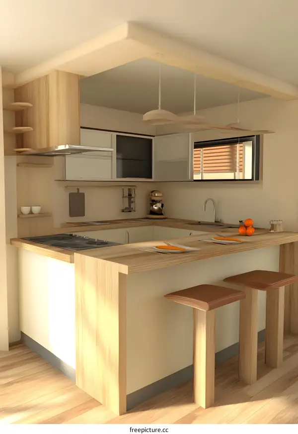 Modern Kitchen Interior Design With Wooden Countertop And Bar Stools