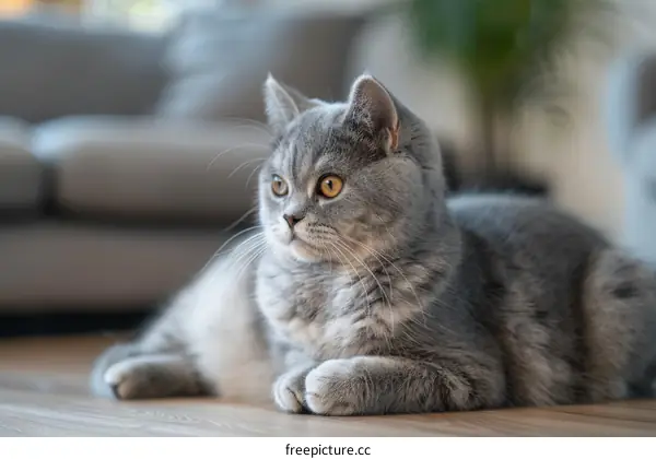 A gray British shorthair cat is lying on the floor looking away from the camera