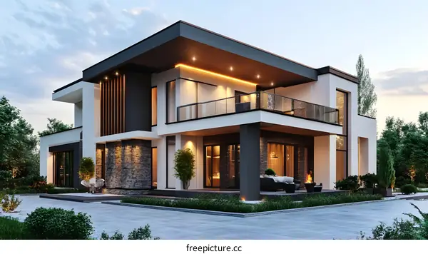 Modern House Design with Balcony and Stone Walls