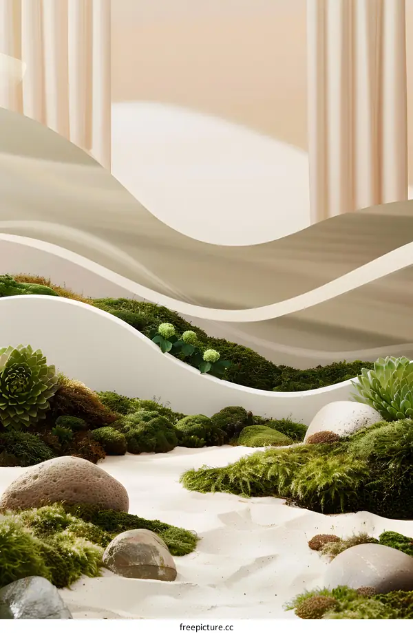 Minimalist Zen Garden with White Curved Walls and Green Moss